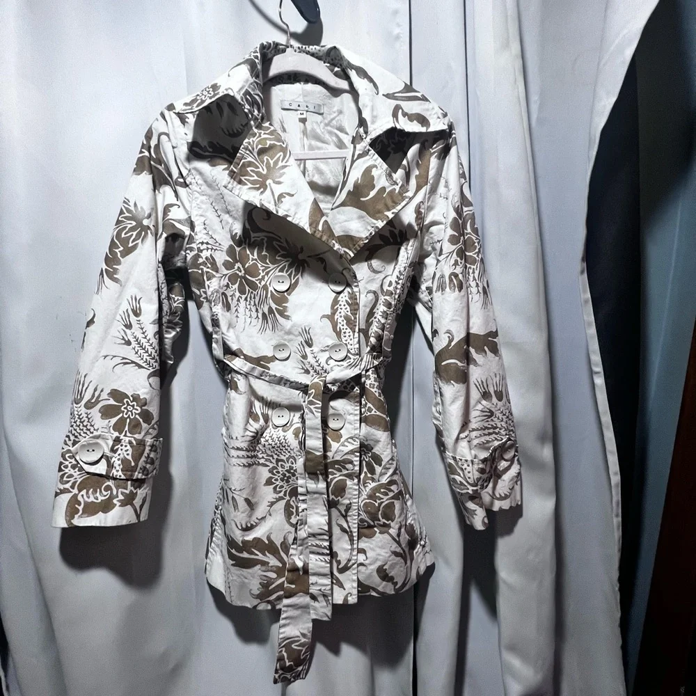 CAbi Floral Belted Trench Jacket Medium Cream Brown Double Breasted Trench Coat - Picture 2 of 7